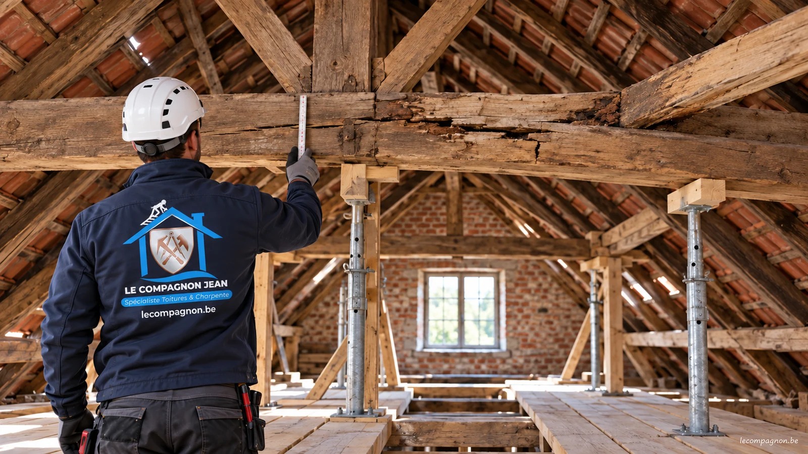Illustration : inspection d’une ancienne ferme de charpente avant remplacement.