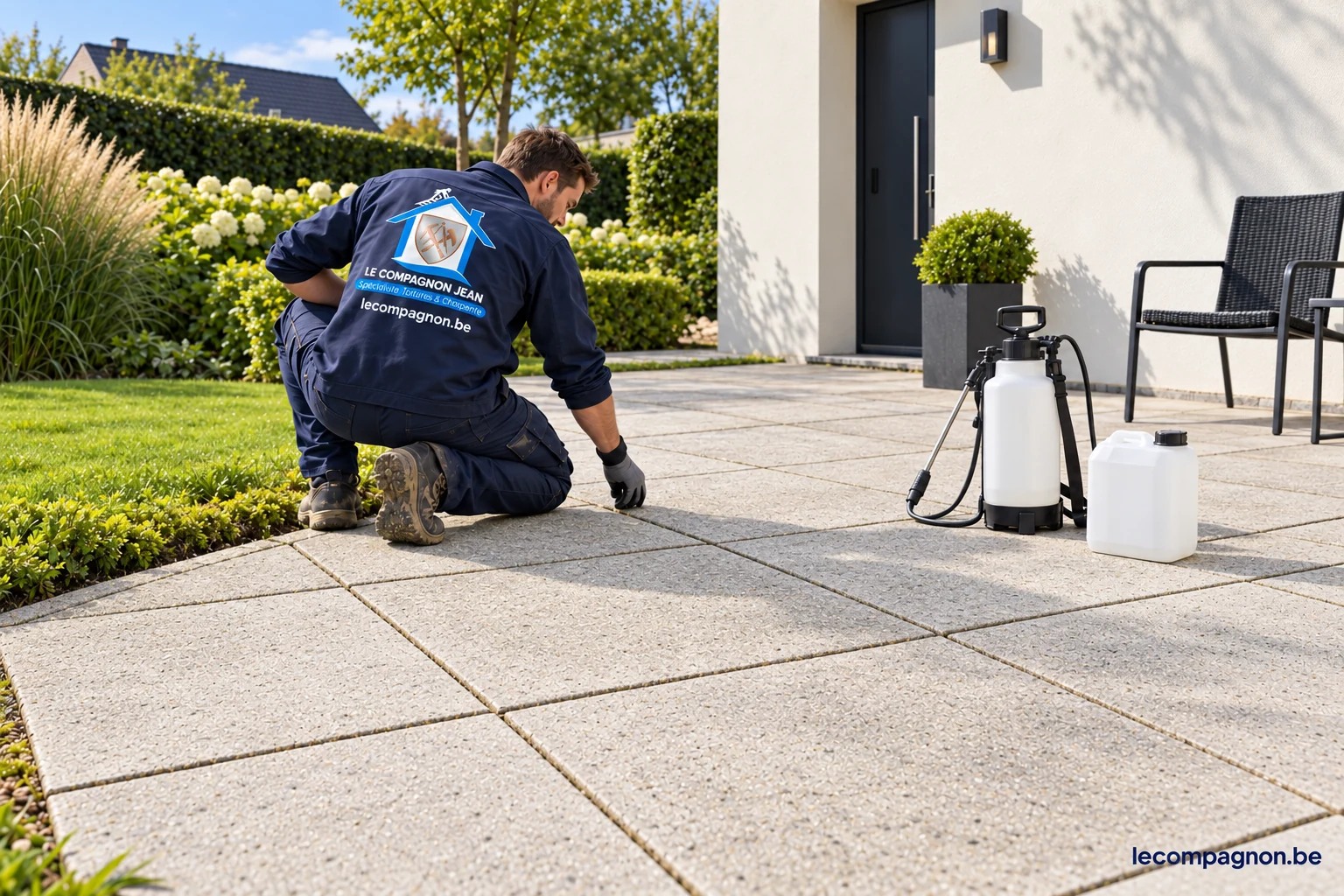 Illustration après nettoyage et protection incolore des dalles de béton d’une terrasse.
