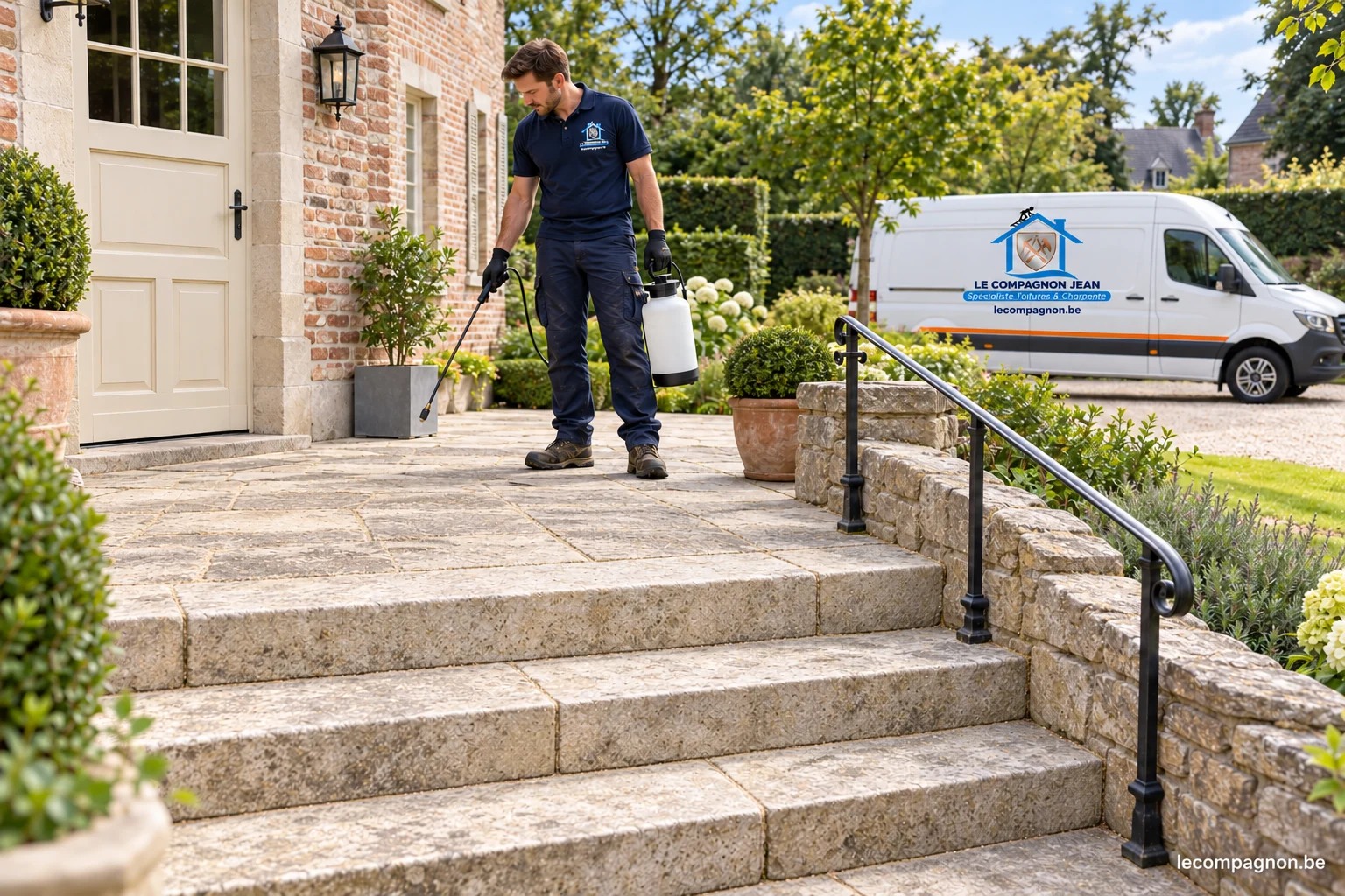 Illustration après nettoyage et protection incolore d’un escalier et d’une terrasse en pierre naturelle.
