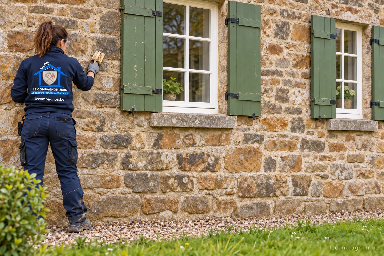 Illustration après nettoyage doux et protection incolore d’une façade en moellons