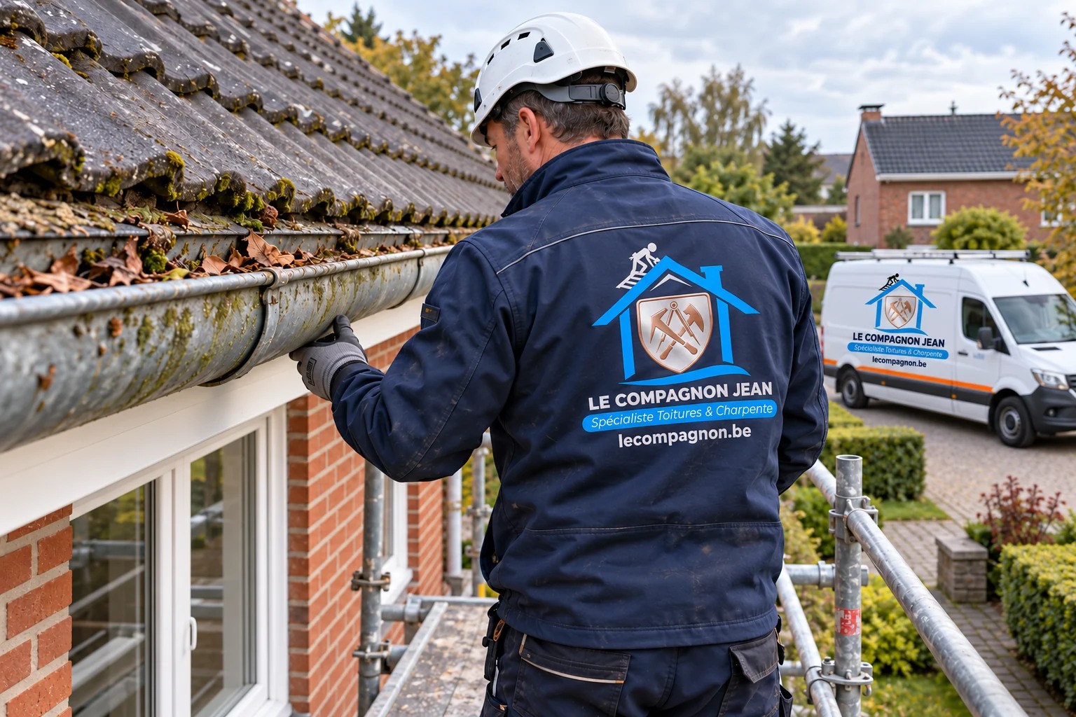 Illustration : gouttière demi-ronde en zinc vieillissante avant rénovation sur une maison belge.