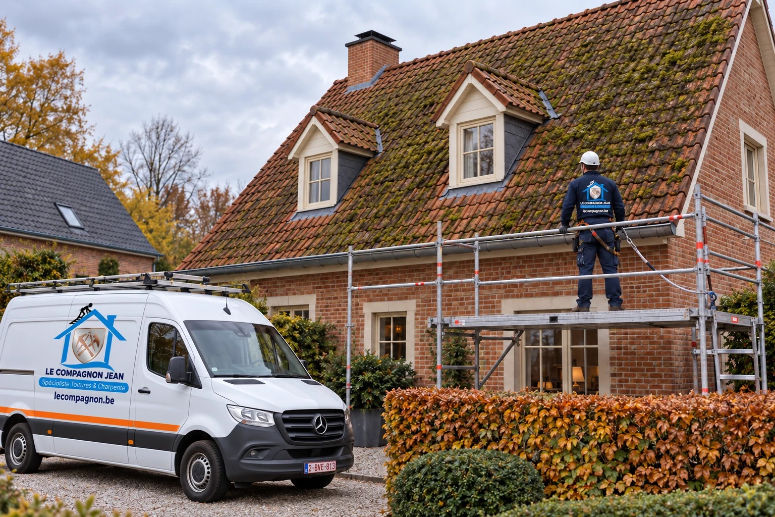 Illustration : Inspection d’une toiture en tuiles envahie de mousse avant nettoyage, sur une maison belge en brique.
