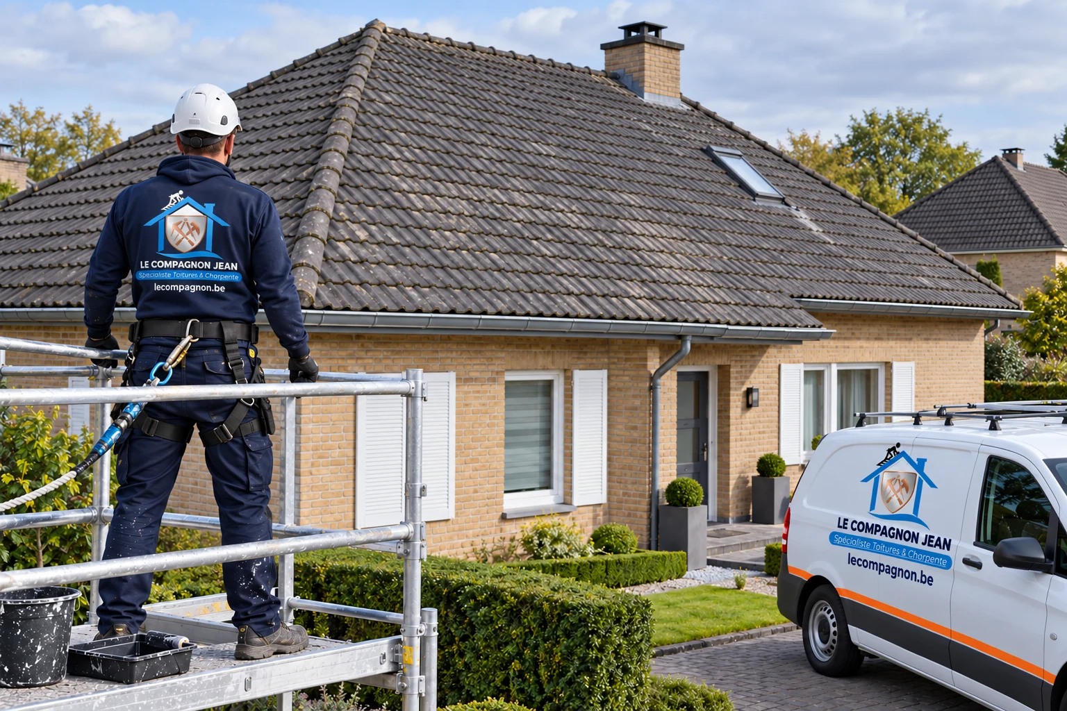 Illustration : Toiture en tuiles vieillies avant application d’une résine anthracite, avec inspection depuis un échafaudage.
