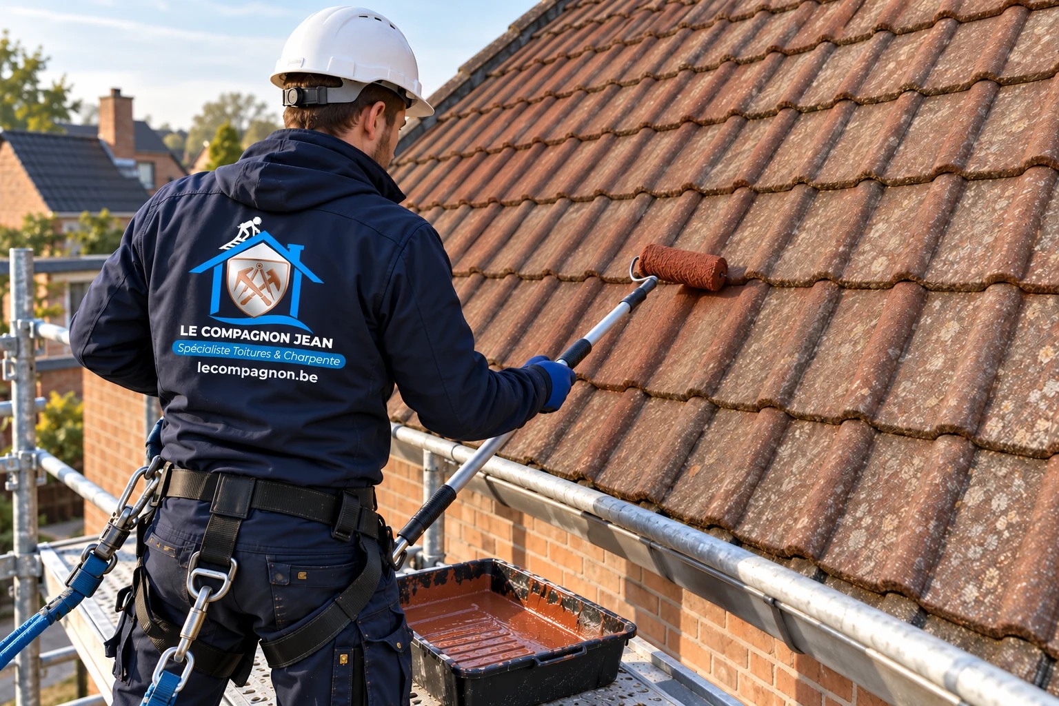 Illustration : Préparation de tuiles béton propres et vieillies avant mise en peinture au rouleau.