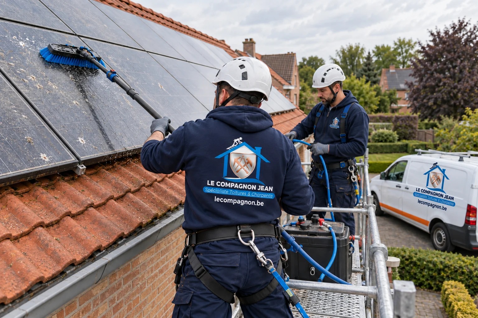 Illustration : Panneaux solaires poussiéreux avant nettoyage doux sur une toiture belge.