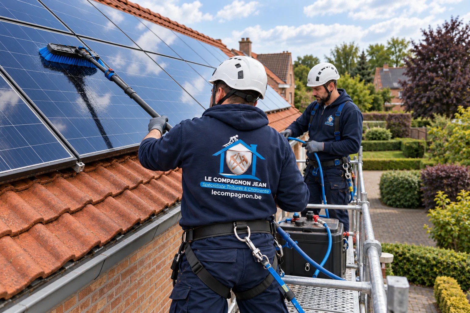 Illustration : Panneaux solaires propres après nettoyage doux à la brosse et à l’eau.