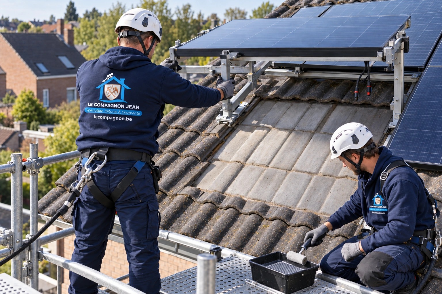 Illustration : Accès sécurisé aux tuiles sous un panneau solaire temporairement relevé avant application de résine.