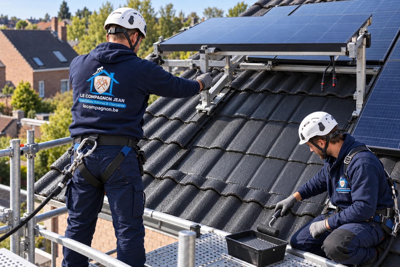 Illustration : Application de résine sur les tuiles rendues accessibles sous le panneau solaire sécurisé.