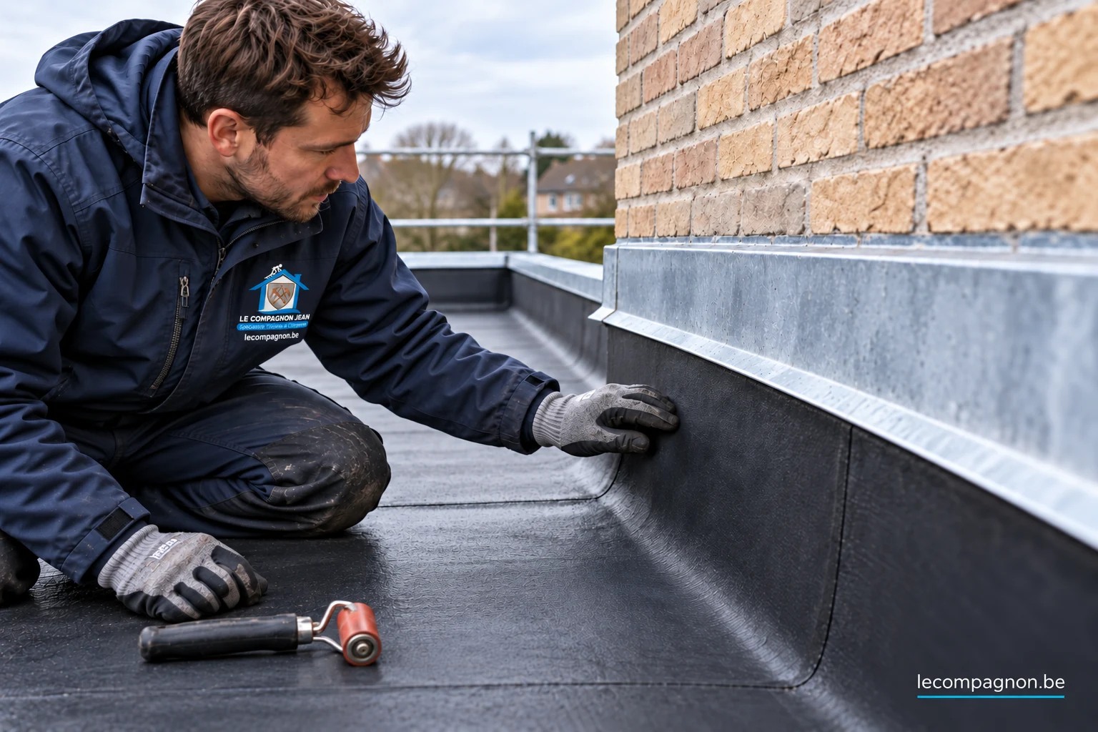 Illustration : relevé d’étanchéité EPDM correctement refait au pied du même mur.