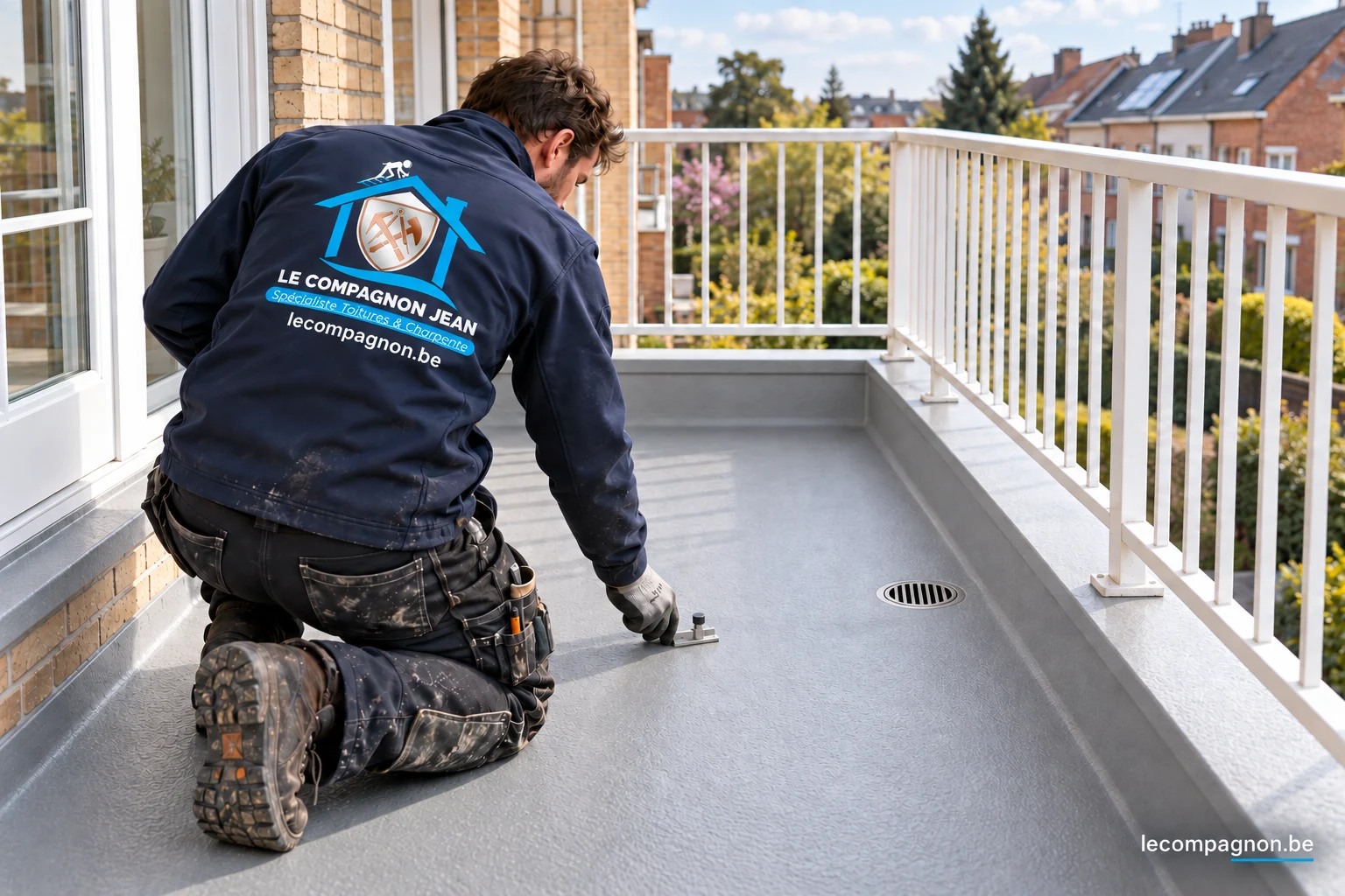 Illustration : balcon rénové avec une étanchéité en résine grise et finitions soignées.