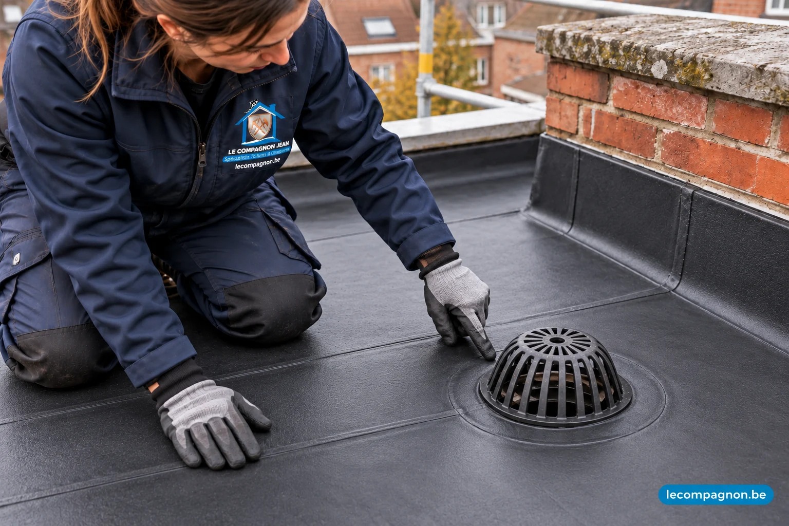 Illustration : évacuation de toiture plate remise en état avec raccord EPDM et crapaudine.