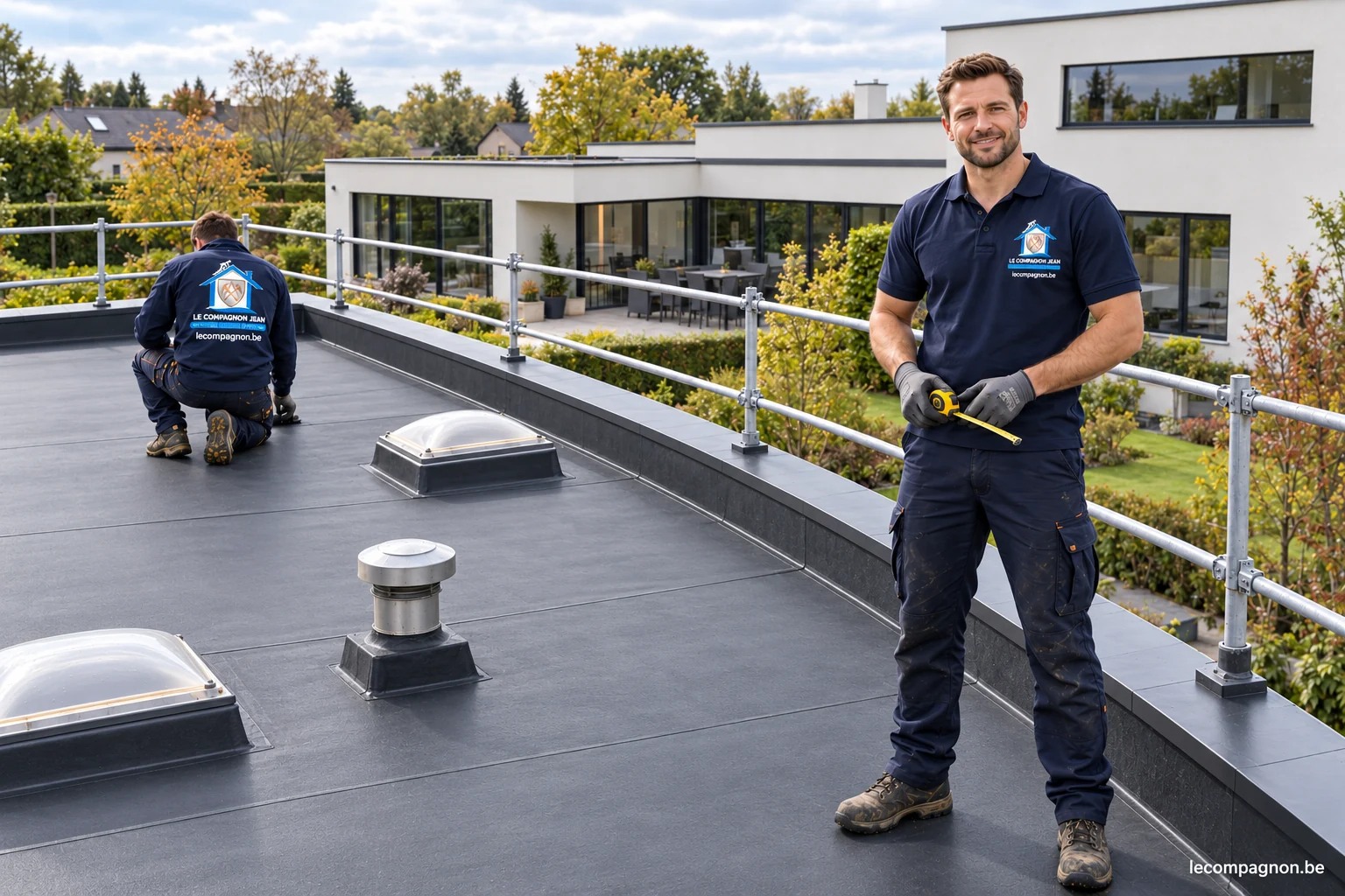 Illustration : toiture plate d’extension rénovée en EPDM avec relevés et pénétrations soignés.