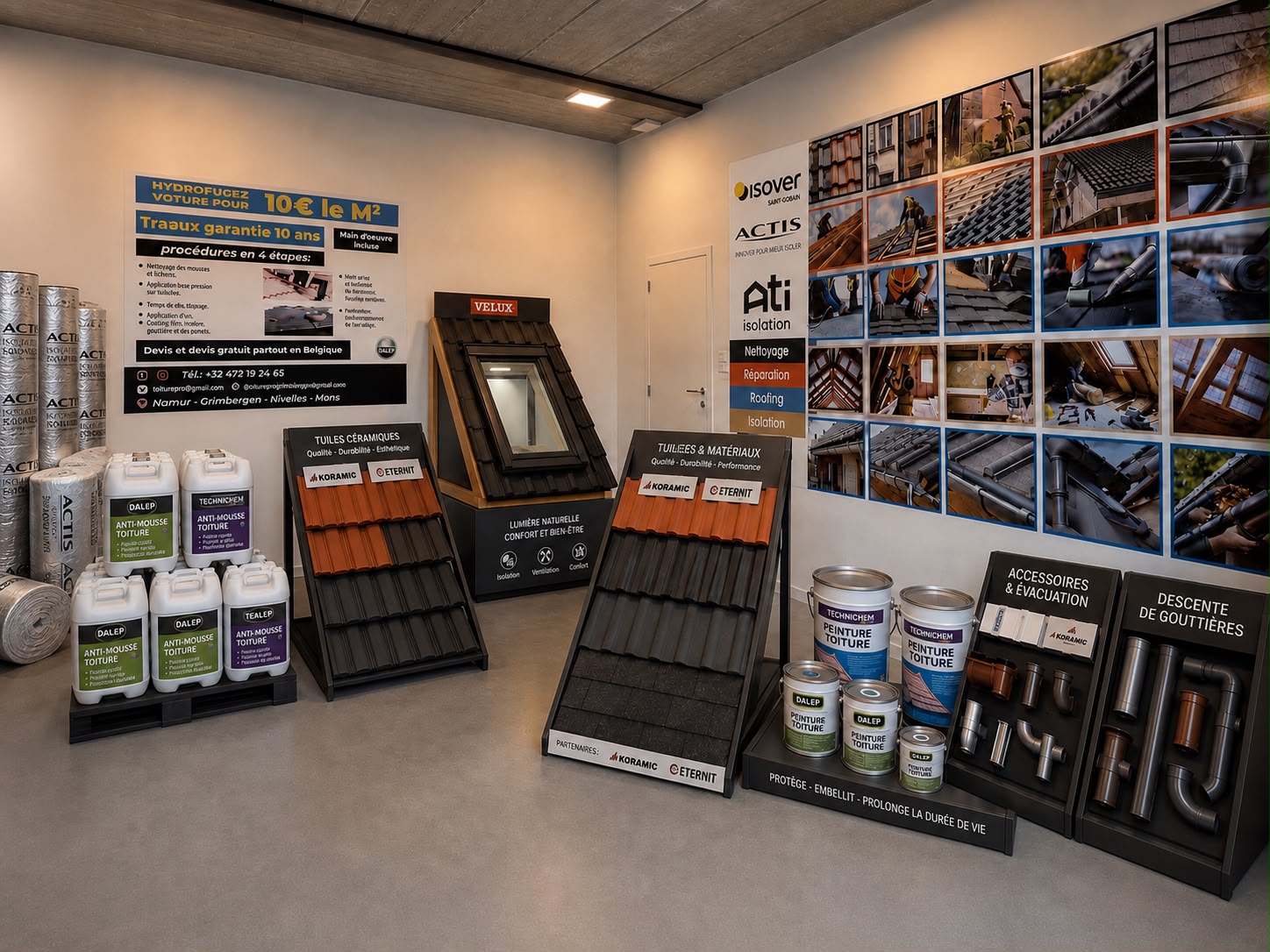 Matériaux toiture en exposition à Nivelles : tuiles Koramic, Velux, anti-mousse Dalep